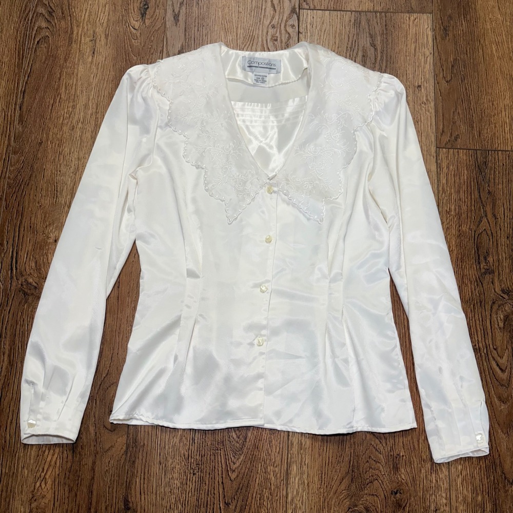 80/90's Cream Satin Blouse with Dramatic Lace Collar Womens 10 Coquette Cottage
